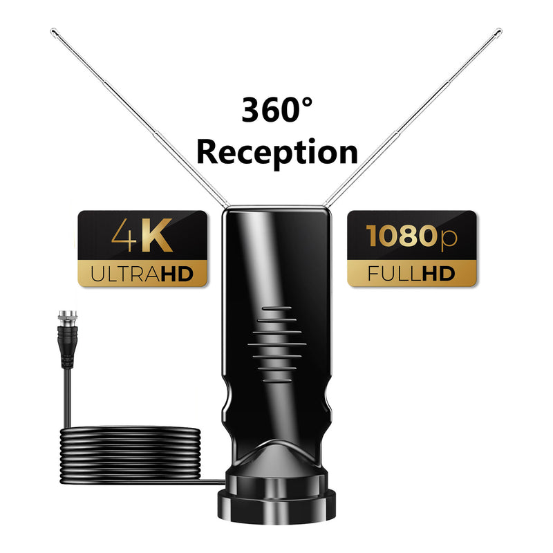 Altex Preferred MFG 4K 1080p Indoor Long Range Rabbit Ears HDTV 360° Antenna with Suction Cup Base - 4.9ft Cable