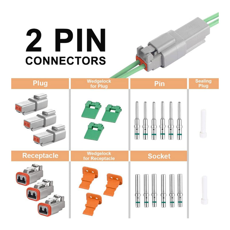 Altex Preferred MFG 3-Set 2-Pin 14-20AWG DT Connector Kit with Deutsch Solid Contacts and Sealing Plugs