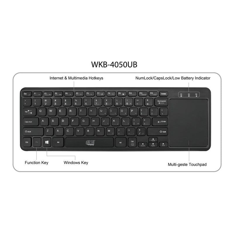 Adesso WKB-4050UB Ultra-Slim Wireless Keyboard with Built-in Touchpad - Black