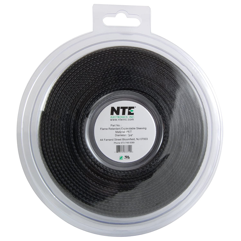 NTE 04-ES-375 3/8 Inch Braided Expandable Sleeving, Flame Retardant, Black, 16.4FT Roll