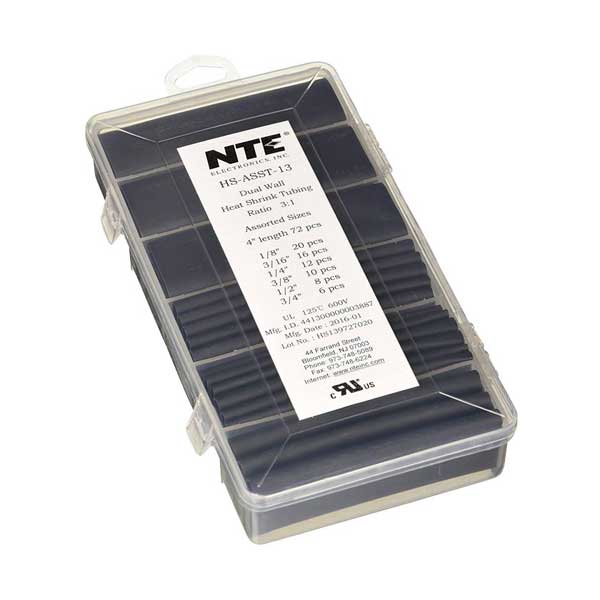 NTE Electronics HS-ASST-13 72-Pack 4" Assorted Black Thin Wall Heat Shrink Tubing