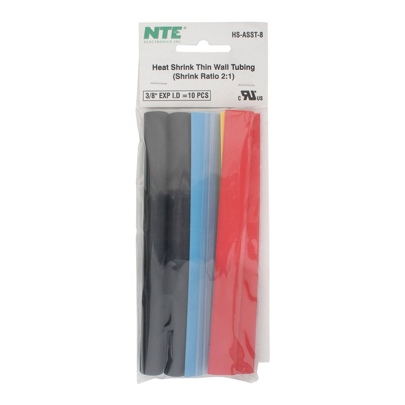 NTE HS-ASST-8 3/8" 10-Piece 6" Assorted Colors Thin Wall Heat Shrink Tubing