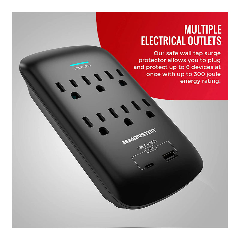 Monster ME-5003 6-Outlet Wall Tap Surge Protector with USB-C and USB-A Charging Ports