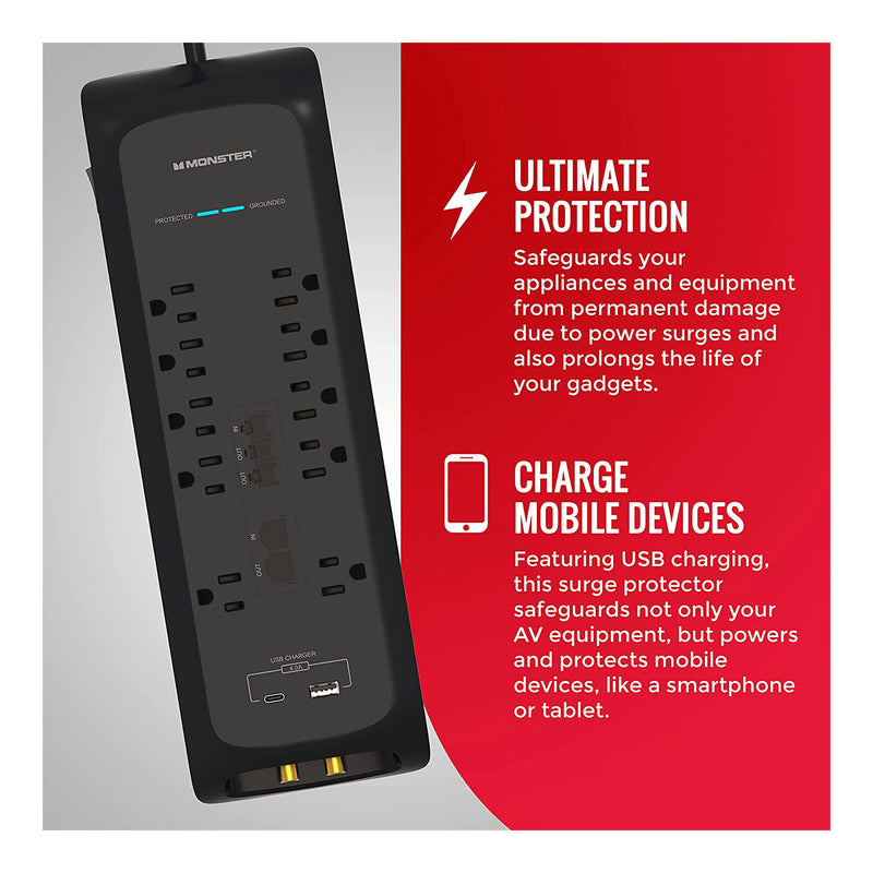 Monster ME-5006 6ft 10-Outlet Power Strip Surge Protector with USB-C and USB-A Charging Ports