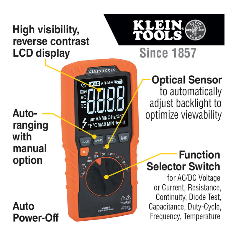 Klein Tools MM450 600V Temp TRMS Auto-Ranging Slim Digital Multimeter
