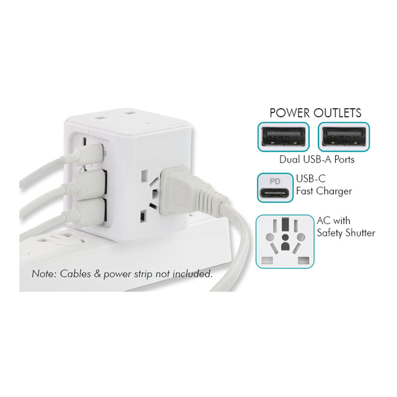QVS PA-C5 Premium World Travel Power Adapter with USB-C & Dual-USB Charger Ports