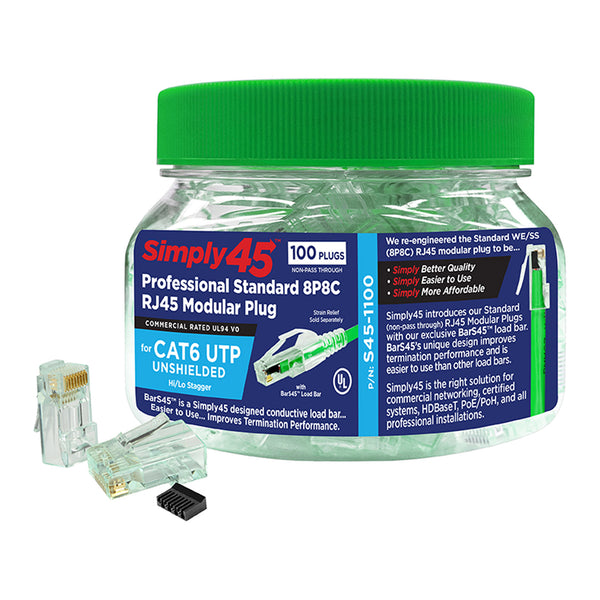 Simply45 Simply45 S45-1100 Cat6 Unshielded Standard WE/SS RJ45 with Bar45 - 100-Piece Plastic Jar Default Title

