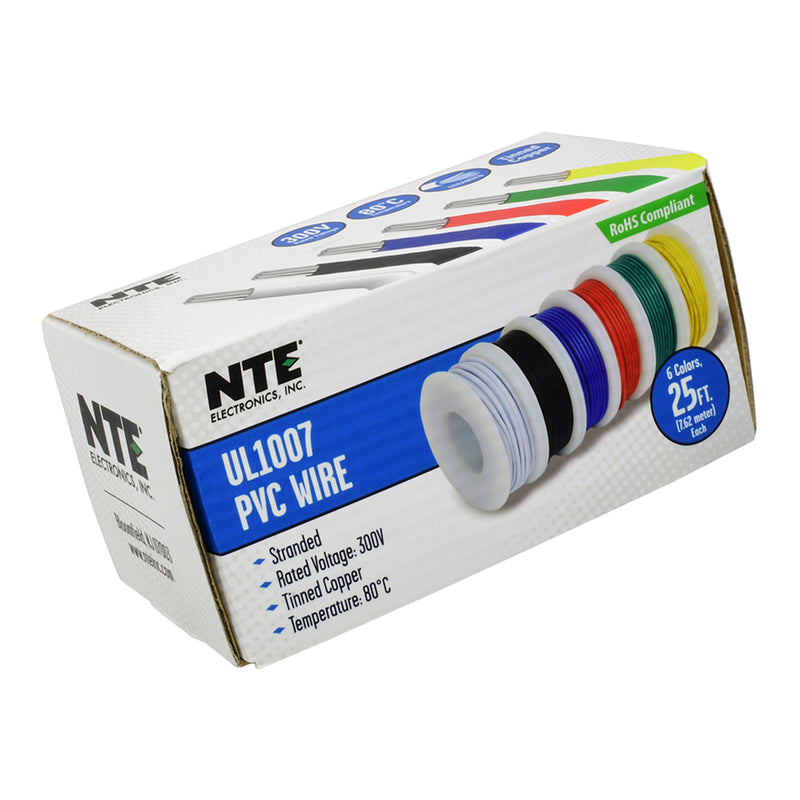 NTE WAK-PVC18 25ft x 6-Color 18AWG UL1007 PVC Wire Assortment Kit