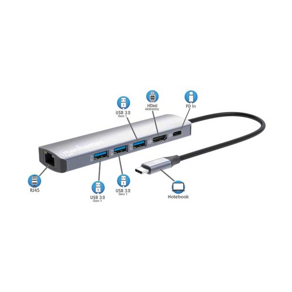 Manhattan 6-in-1 USB-C 4K PD (100W) Docking Station with Gigabit RJ45 Port | 153959