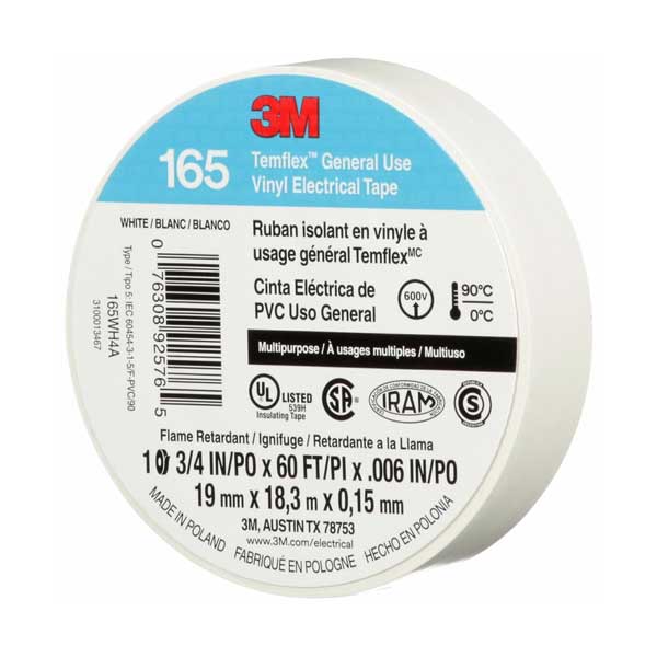 3M Temflex 165 Vinyl Electrical Tape | 3/4 in x 60 ft | 6 mil | White | 165WH4A