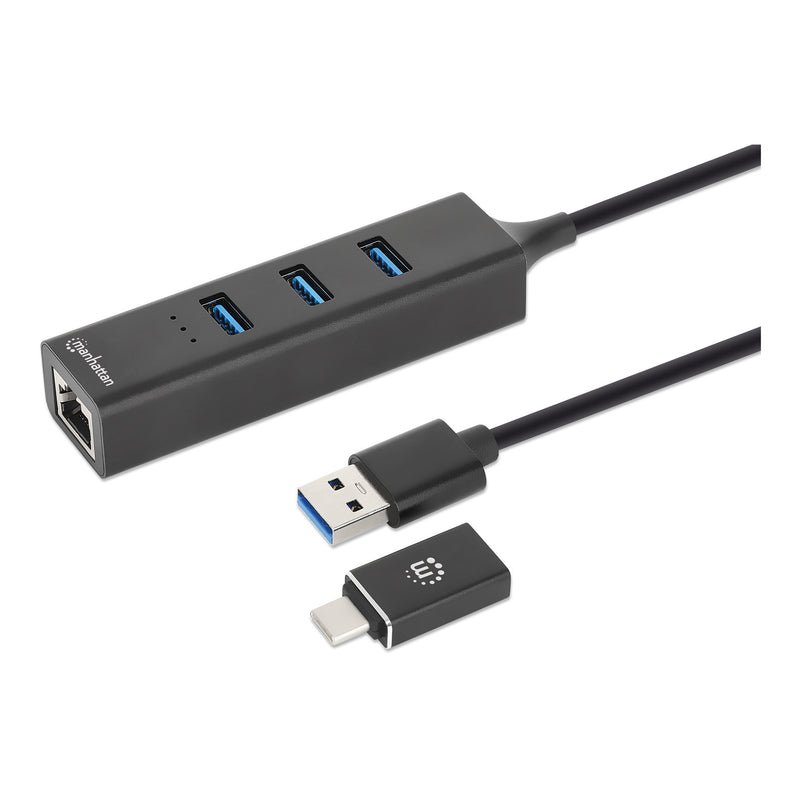 Manhattan 180894 3-Port USB 3.0 Type-C/A Combo Hub with Gigabit Ethernet Network Adapter