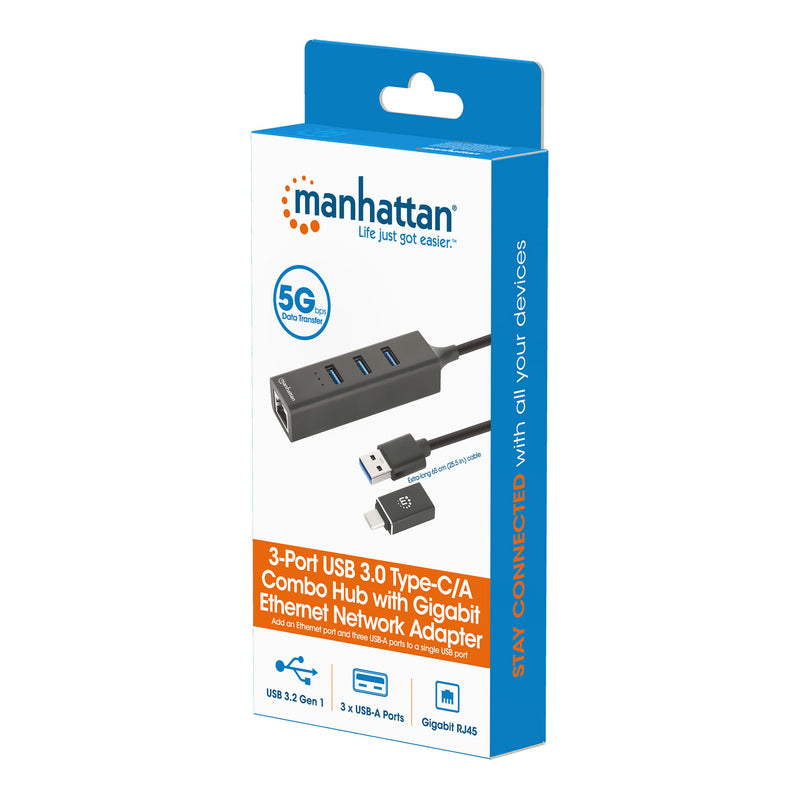 Manhattan 180894 3-Port USB 3.0 Type-C/A Combo Hub with Gigabit Ethernet Network Adapter