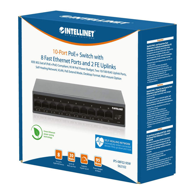 Intellinet 562102 10-Port PoE+ Switch with 8 Fast Ethernet Ports and 2 FE Uplinks