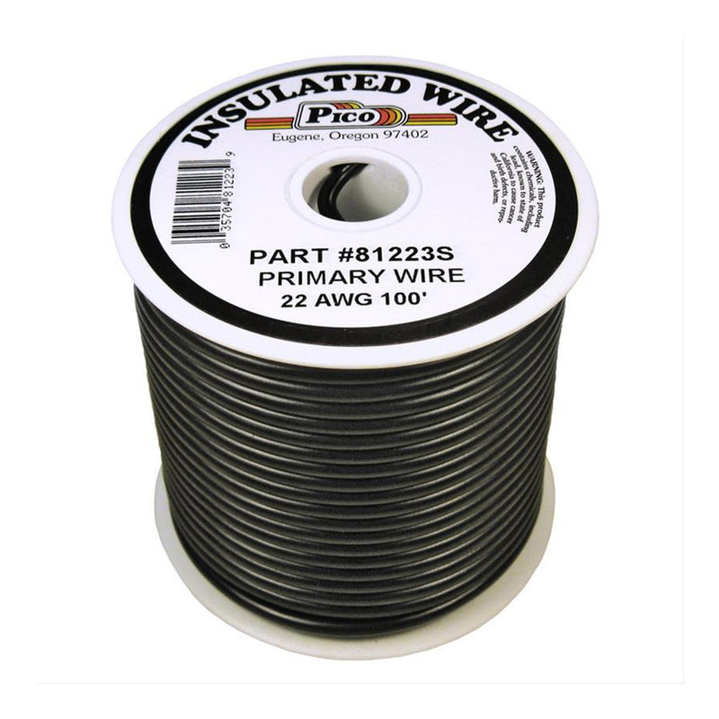 PICO Wiring 81223S 22 AWG Single Conductor PVC Jacket Copper Stranded Primary Electrical Wire Spool - 100ft - Black