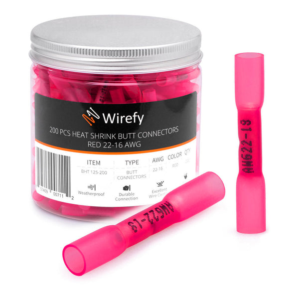 Wirefy Wirefy BHT125-200 22-16AWG Heat Shrink Butt Connectors - 200-Piece, Red Default Title

