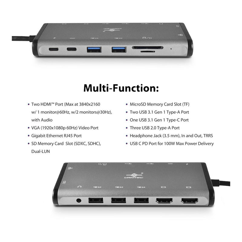 Vantec CB-CU305MDSH Link USB-C Multi-Function 14-in-1 Adapter with 100W Power Delivery