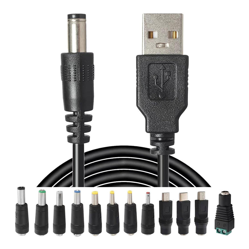 Altex Preferred MFG 5V 3A USB 2.0 Type-A to Universal DC Barrel Power Charging Cable with 12-Piece Adapter Tips - 1m