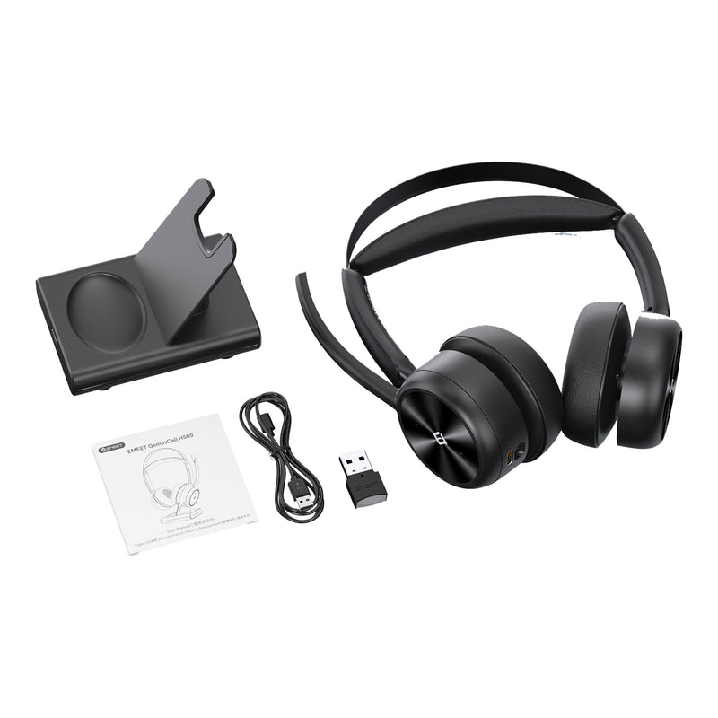 EMEET EMH80B-LD GeniusCall HS80 (Gen 2) Wireless On-Ear Headset with Charging Base and Super ENC