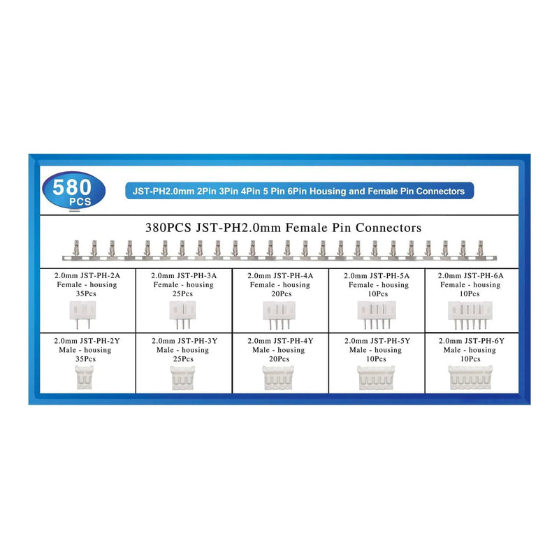 Altex Preferred MFG 580-Piece JST PH 2.0mm Connector Kit - 2/3/4/5/6 Pin Housing and Female Pin Connectors