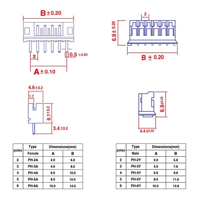 Altex Preferred MFG 580-Piece JST PH 2.0mm Connector Kit - 2/3/4/5/6 Pin Housing and Female Pin Connectors