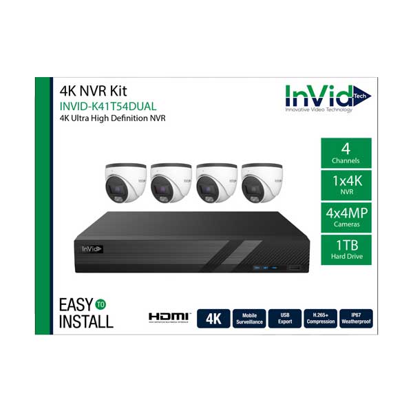InvidTech 4-Channel NVR Bundle with 4 (4MP) Cameras | No HDD | INVID-K41T54-DUALN