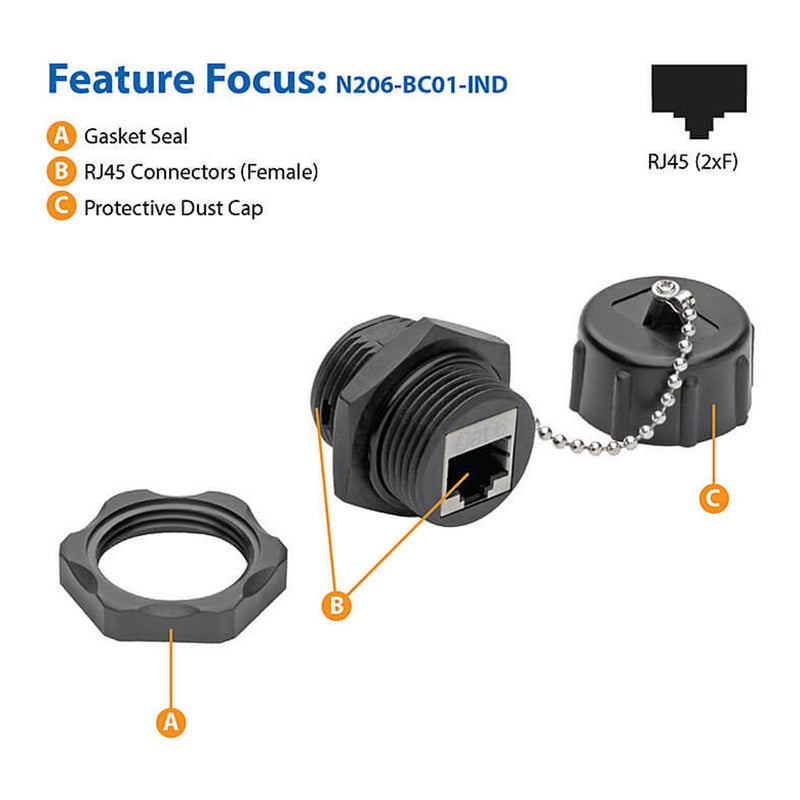 Tripp Lite N206-BC01-IND F/F IP68 Shielded Cat5/Cat6 RJ45 Industrial Bulkhead Coupler with Dust Cap