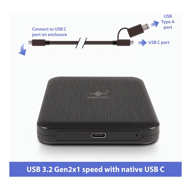 Vantec NST-258S3-BK NexStar JX USB 3.2 Type-C 2.5" SATA Drive Enclosure - 9.5mm/7mm SSD/HDD - Black