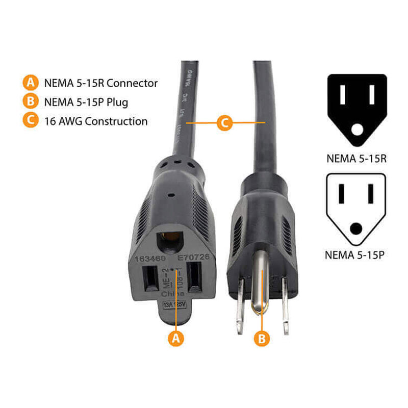 Tripp Lite P024-006 6ft 14AWG 120V 15A NEMA 5-15P to NEMA 5-15R Heavy-Duty Power Extension Cord - Black