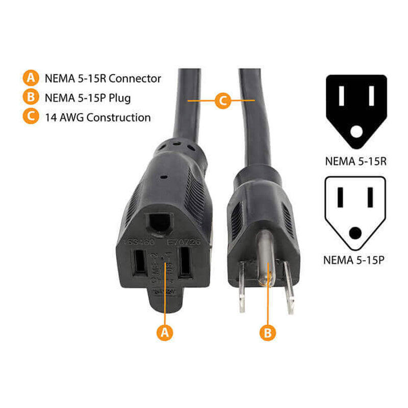 Tripp Lite P024-010 10ft 14AWG 120V 15A NEMA 5-15P to NEMA 5-15R Heavy-Duty Power Extension Cord - Black