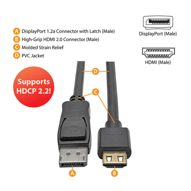 Tripp Lite P582-006-HD-V2A 6ft Male to Male DisplayPort 1.2 to HDMI Active Adapter Cable - Black