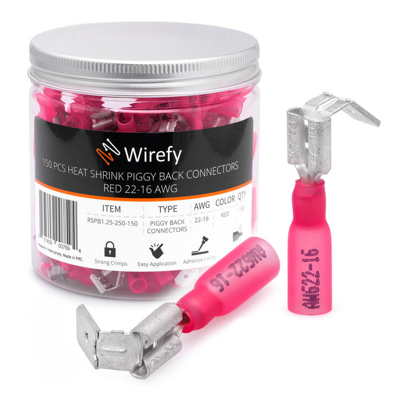 Wirefy 150-Piece 22-16AWG Adhesive Heat Shrink Piggy Back Connectors - Red