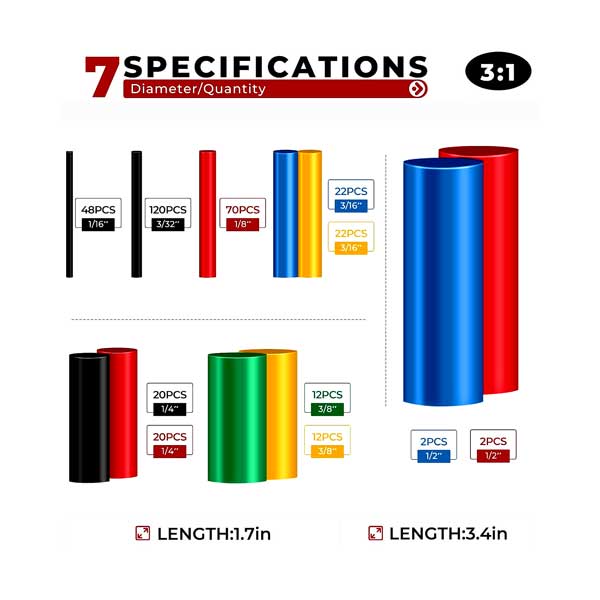 3:1 Marine Grade Adhesive Dual-Wall Heat Shrink Tubing Kit | Assorted Colors | 350-Piece | SLH-DWT-350