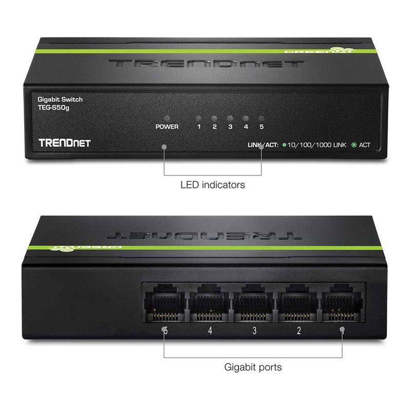 TRENDnet TEG-S50G 5-Port Gigabit GREENnet Switch with Black Rugged Metal Housing