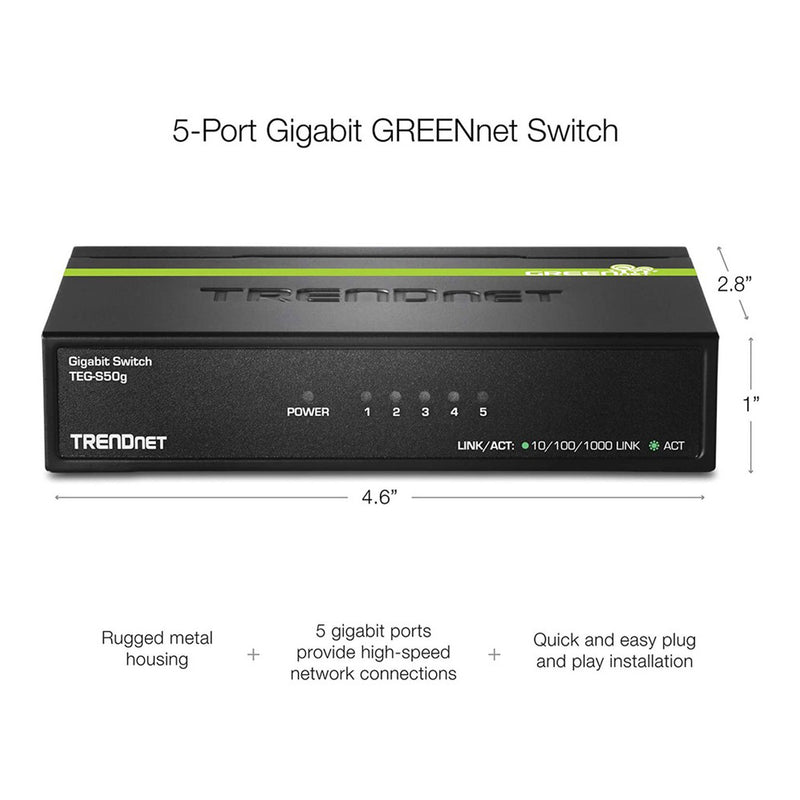 TRENDnet TEG-S50G 5-Port Gigabit GREENnet Switch with Black Rugged Metal Housing