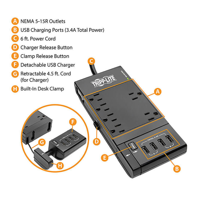 Tripp Lite TLP66USBR 6-Outlet 4 USB Ports 1080 Joules Protect It! Surge Protector - Black
