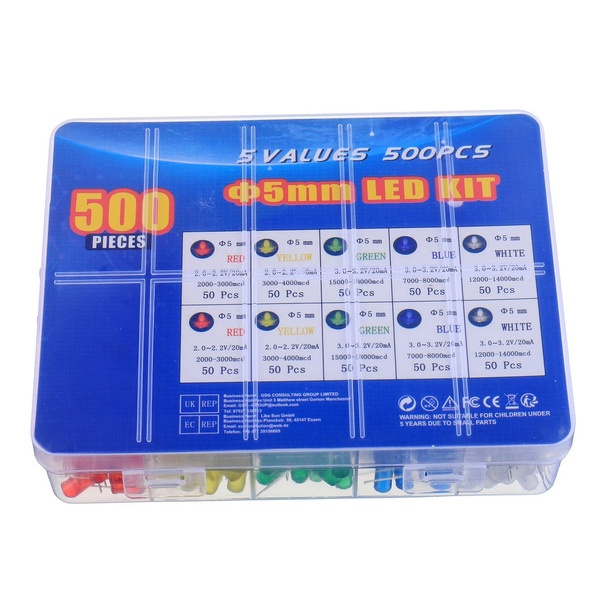 Kit 500 LEDs 5 Mm Assortiment Blanc/Jaune/Rouge/Bleu/Vert – 100 Par Couleur Pour Bricolage Électronique