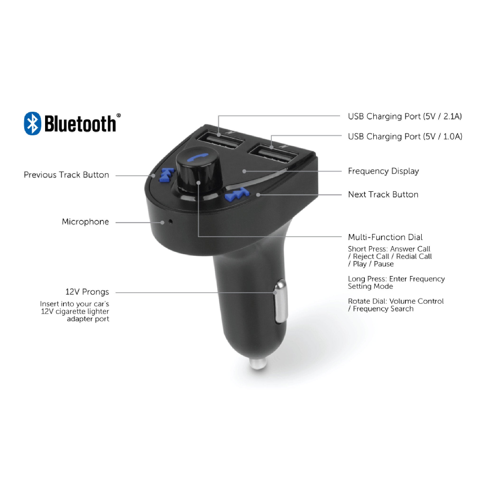 Aluratek ABF01F 12V Bluetooth Audio Receiver and FM Transmitter