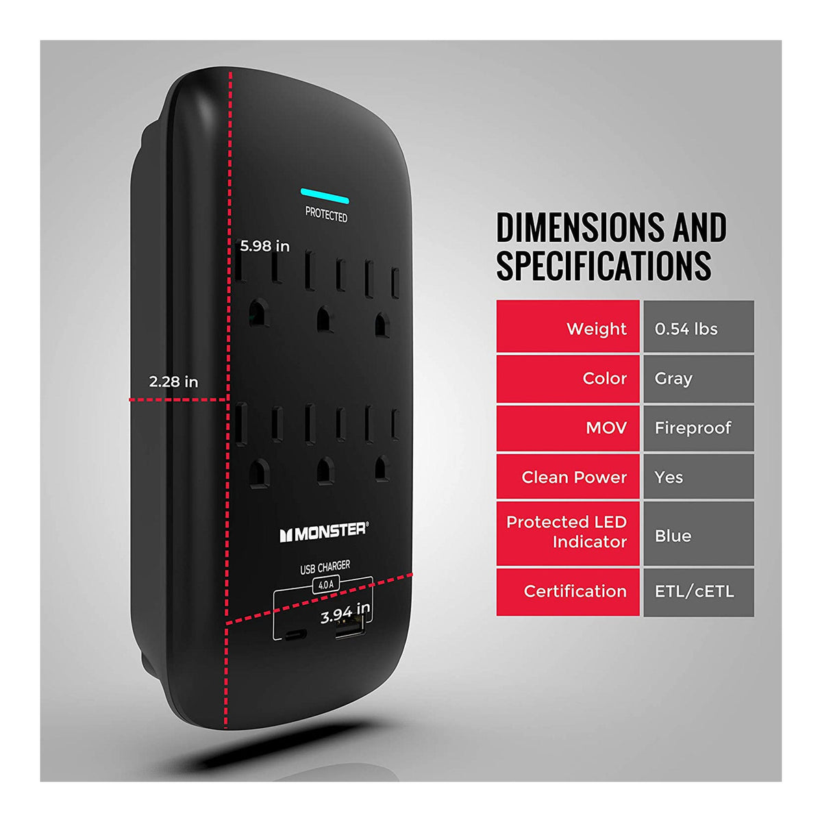 Computer Surge Protector Monster Monster ME-5003 6-Outlet Wall Tap Surge Protector with USB-C and USB-A
