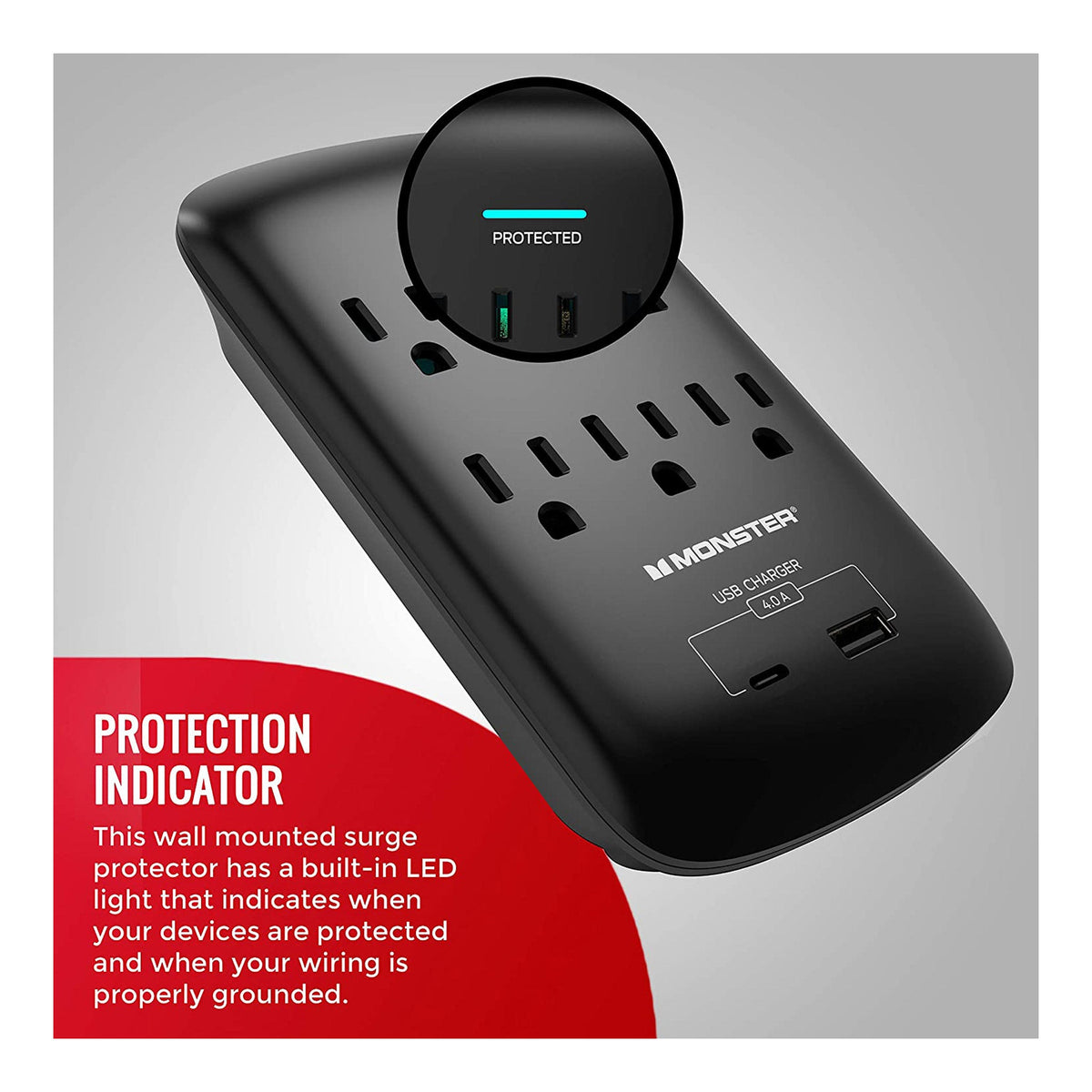 Computer Surge Protector Monster Monster ME-5003 6-Outlet Wall Tap Surge Protector with USB-C and USB-A
