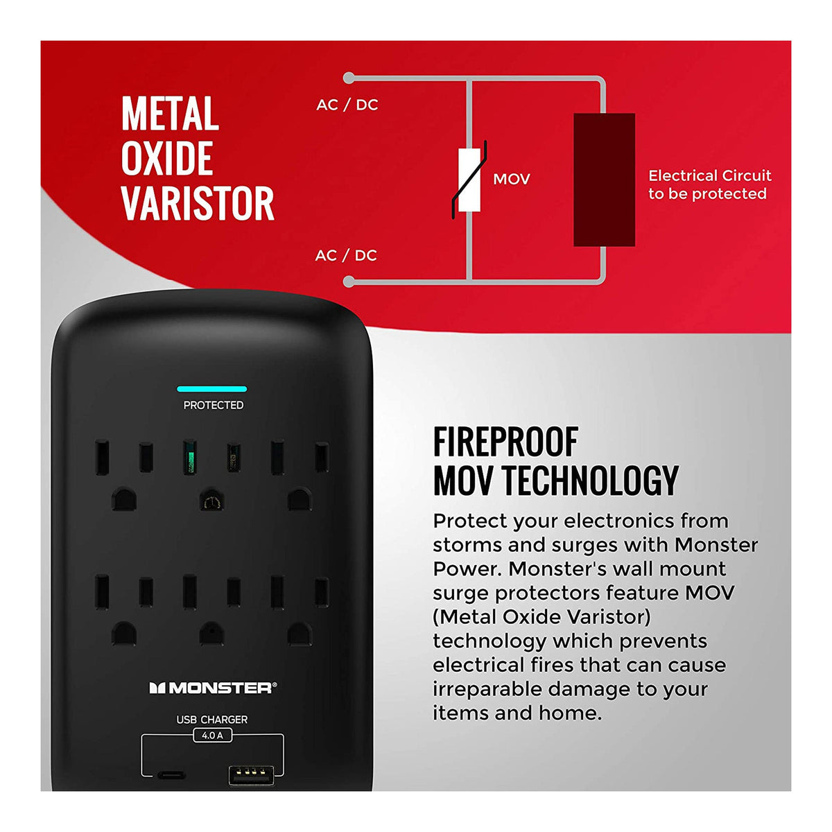 Computer Surge Protector Monster Monster ME-5003 6-Outlet Wall Tap Surge Protector with USB-C and USB-A