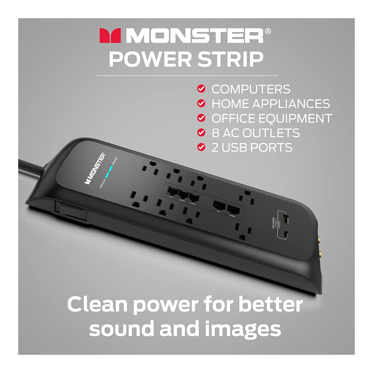 Computer Surge Protector Monster Monster ME-5005 6ft 8-Outlet Power Strip Surge Protector with USB-C an