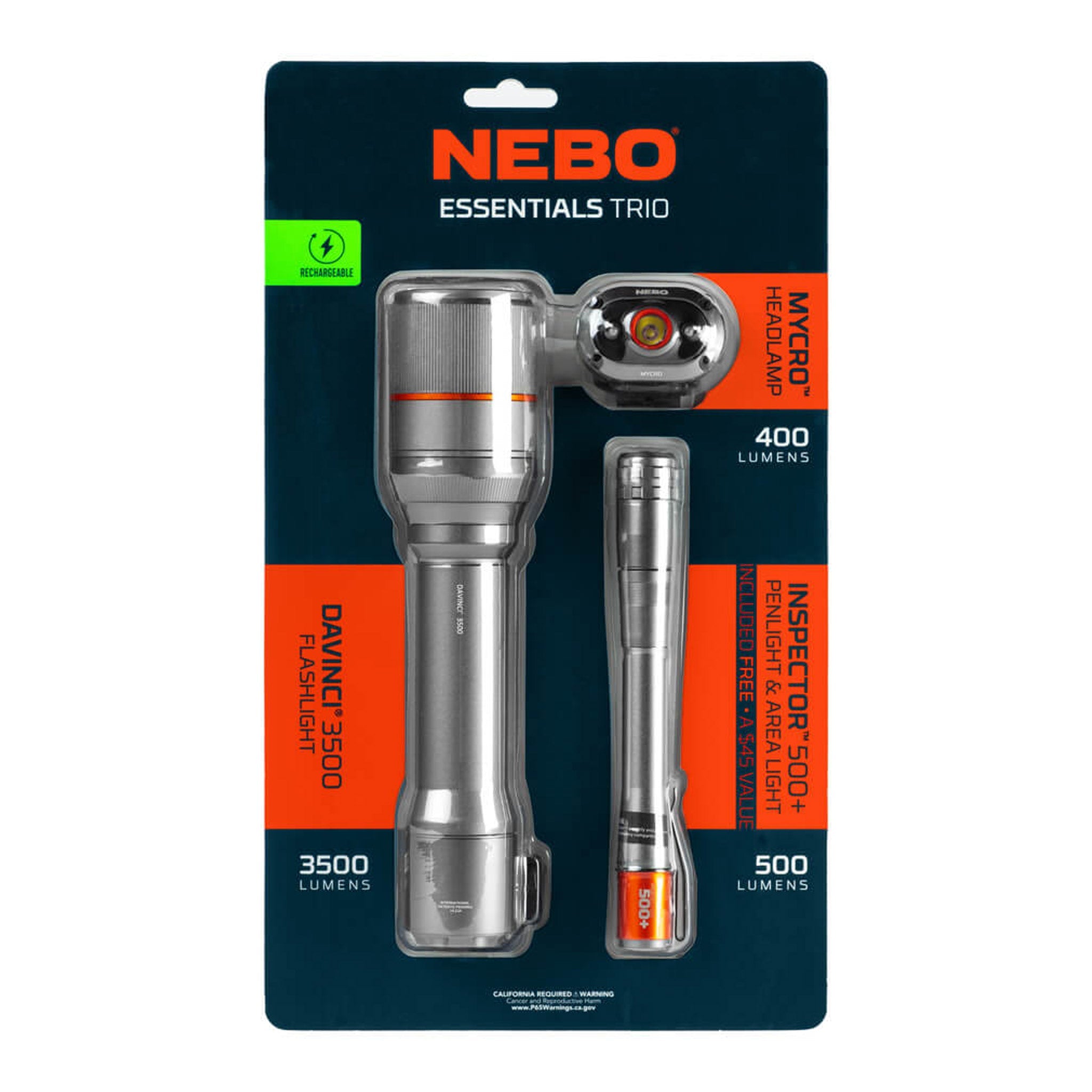nebo 3500 lumen flashlight NEBO NEB-BND-0003 3-Piece Essentials Rechargeable Lighting Kit