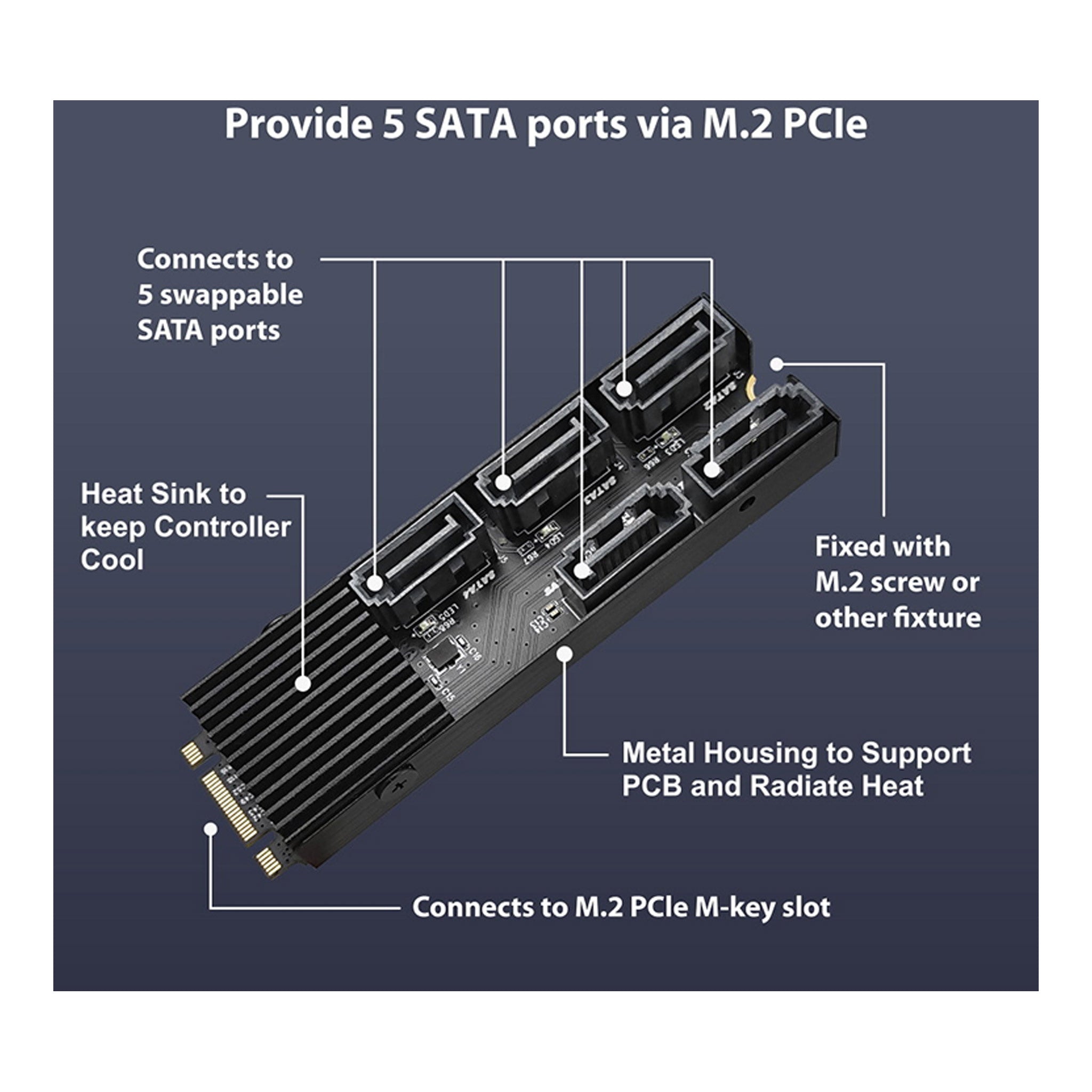 Vantec M.2 PCIe Gen3x2 B+M Key To 5 Ports SATA III