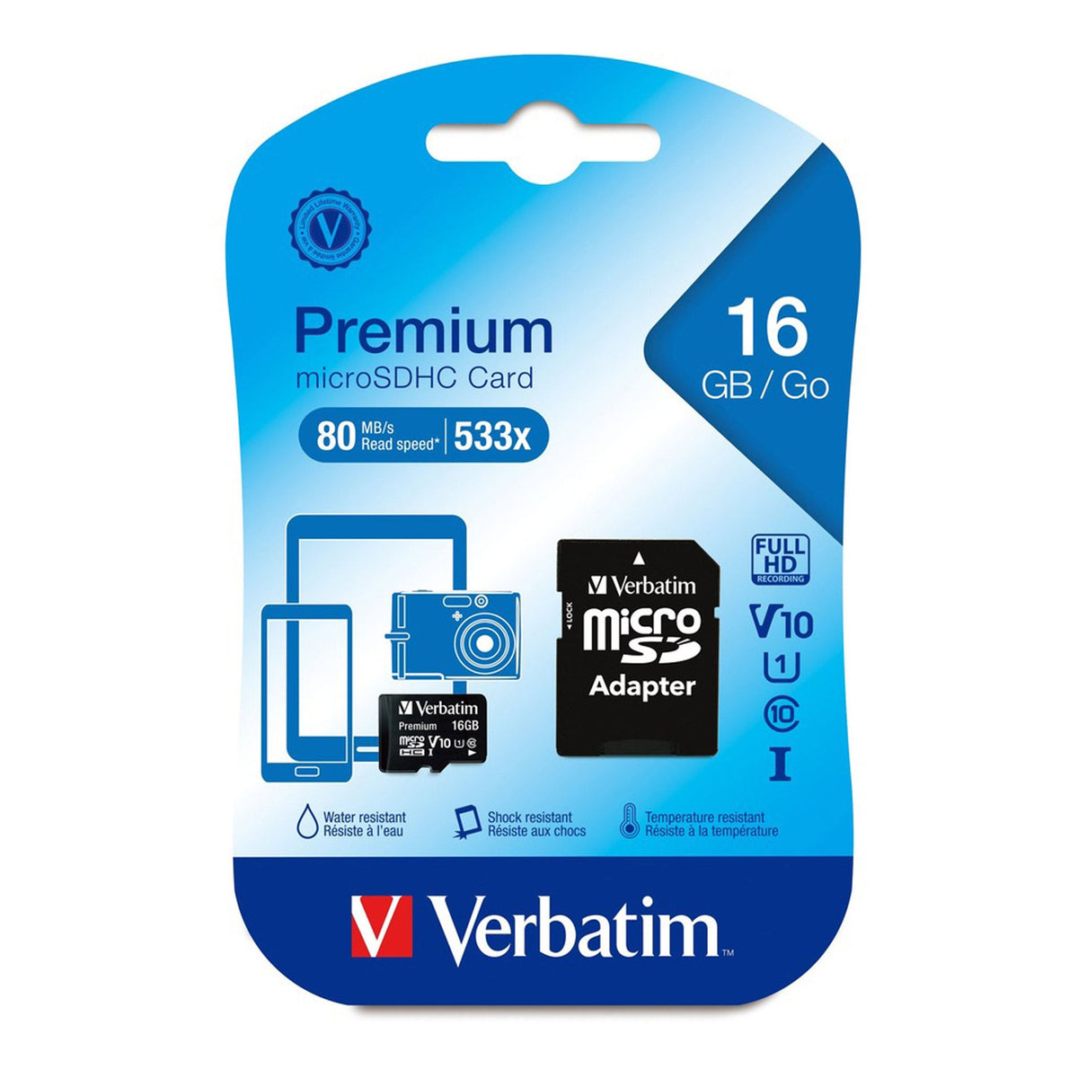 Hc Memory Card Verbatim 44082 16GB Premium microSDHC Memory Card with Adapter - UHS-I