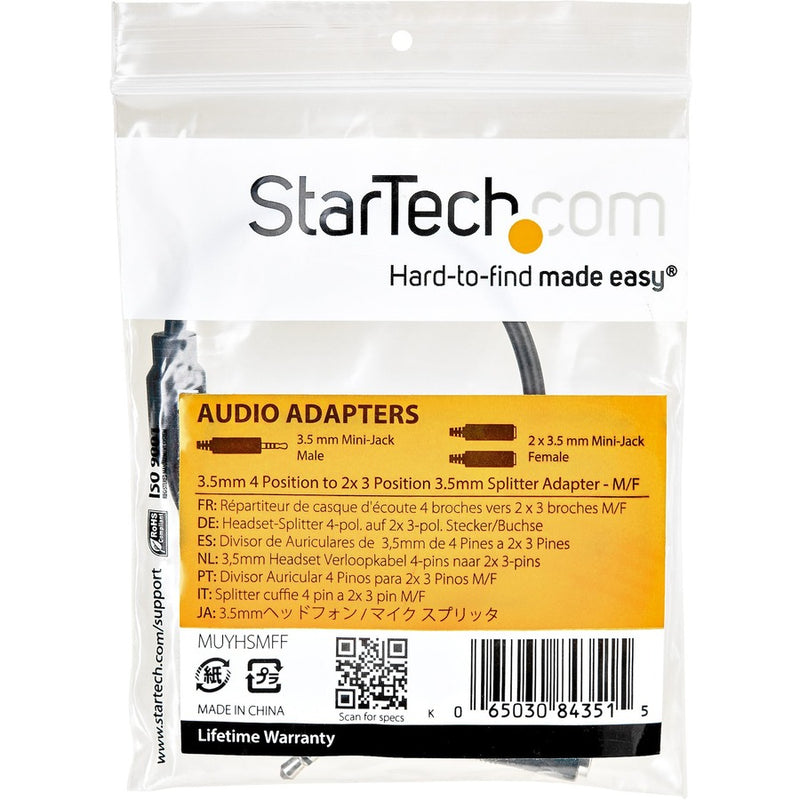 StarTech.com Slim Stereo Splitter Cable - 3.5mm Male to 2x 3.5mm Female -  Split one headphone jack into two separate jacks - 3.5mm audio splitter 