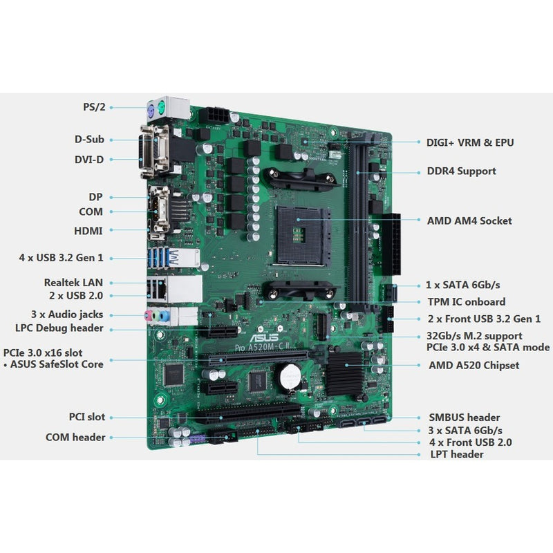 ASUS Pro A520M-C II/CSM AMD AM4 Ryzen Micro-ATX Pro Business Motherboard