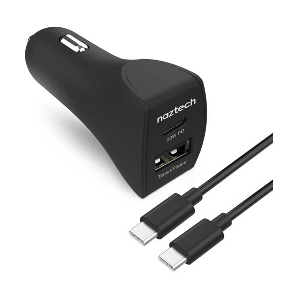 naztech 15398 20W USB-C PD + 12W USB Fast Car Charger with 4ft Black Male to Male USB-C Cable