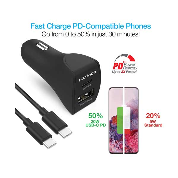 naztech 15398 20W USB-C PD + 12W USB Fast Car Charger with 4ft Black Male to Male USB-C Cable