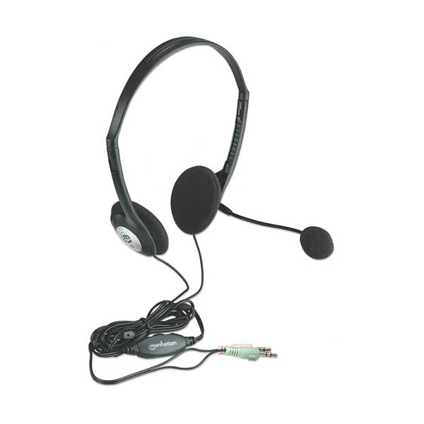 Manhattan 164429 Lightweight 3.5mm Stereo Headset with Boom Microphone and In-Line Volume Control