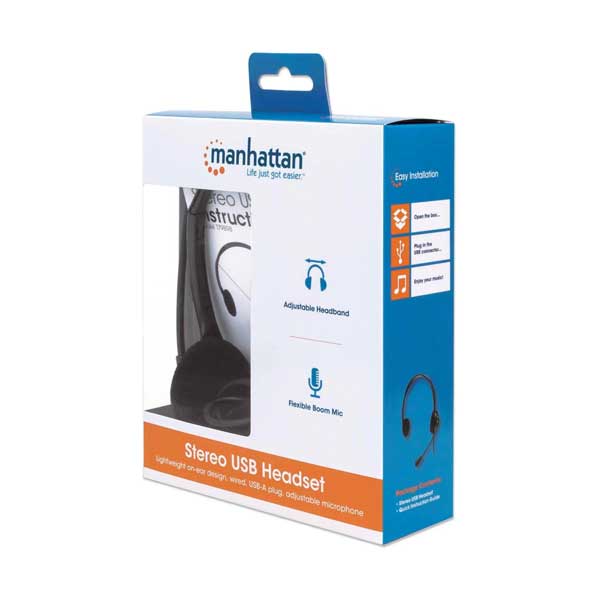 Manhattan 179898 Lightweight Wired On-Ear Design Stereo USB Headset with Adjustable Microphone